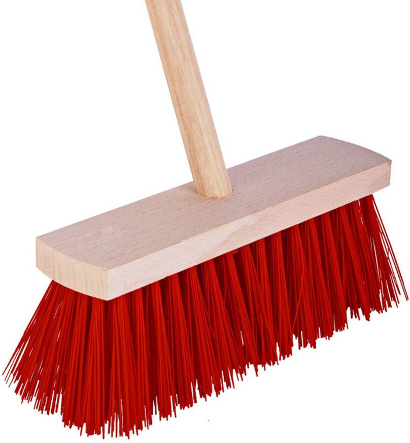 Talen Tools Bezem rood 28 cm met beugel en houten steel 120 cm