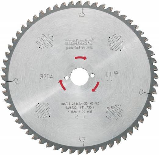 Metabo 628222000 Precision Cut Cirkelzaagblad 254 x 30 x 60T Hout/MDF/Spaanplaat/Compositiematerialen